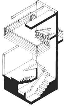 axonometric section showing mezzanine and west stairs